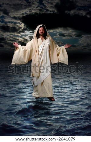 Jesus walking on the water during a night with moonlight.