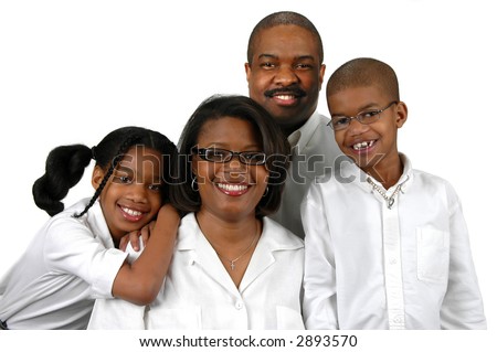 stock photo : Family of four dressed in white over a white background