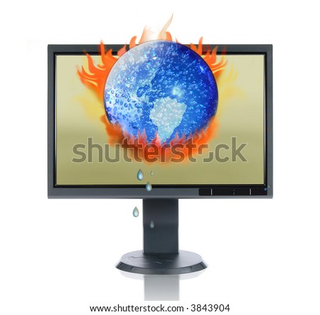 LCD monitor and global warming isolated over a white background