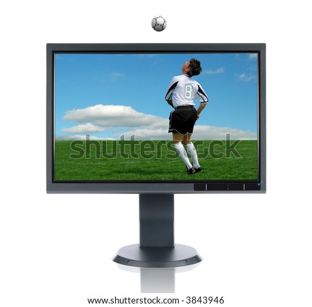 LCD monitor and soccer player heading a ball isolated over a white background