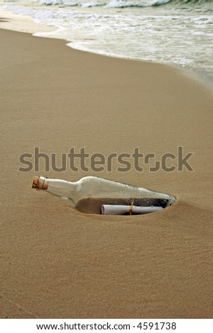 Message in a bottle washed ashore during a sunset