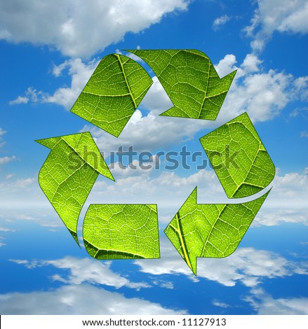 Recycle logo and Clouds and blue sky reflecting on calm waters