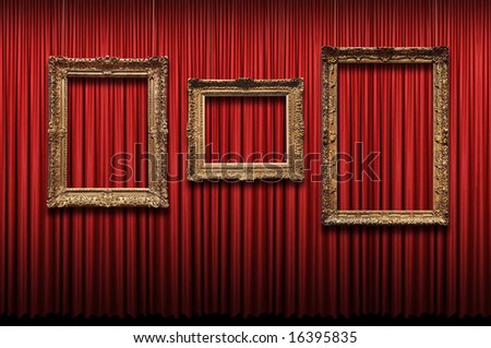 Red curtain with vintage gold frames