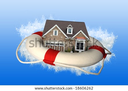 House market crisis represented by house and life preserver crashing on water
