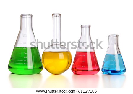 Laboratory glassware with reflections on table isolated over white background - With Clipping Path