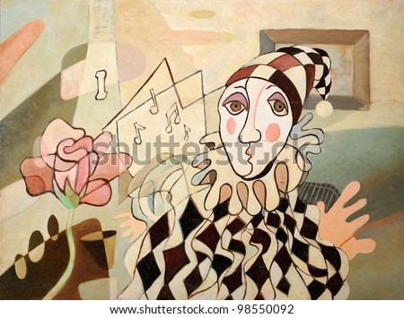 Abstract oil painting of harlequin and rose