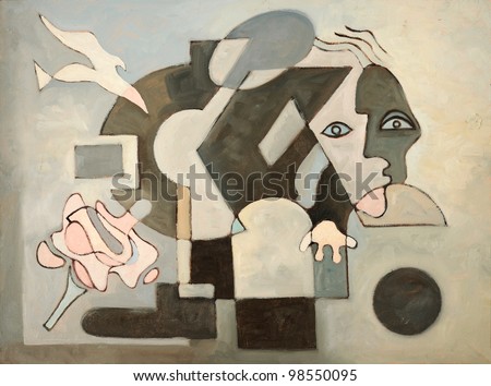 Abstract oil painting with dove; face and geometrical forms
