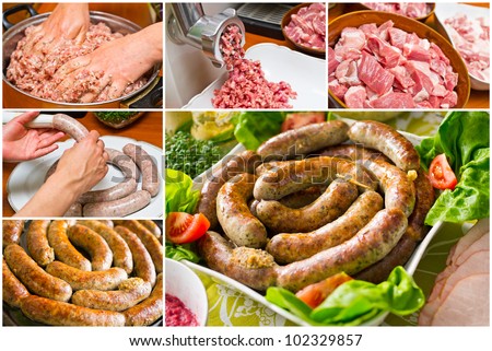 Homemade traditional sausage preparation in stages