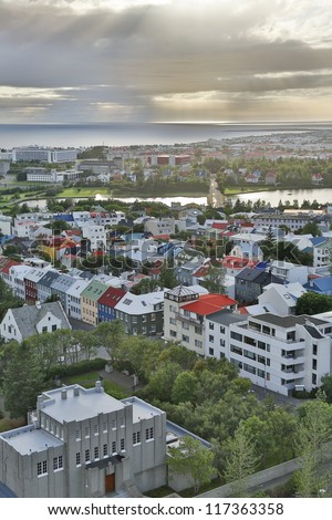 View of Reykjavik, capital of Iceland, from the top of the Hallgrimskirkja church