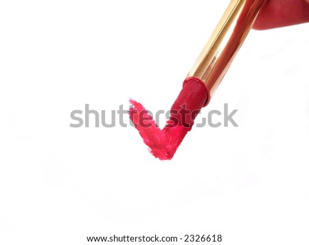 drawing a tick or letter V with red lipstick on white