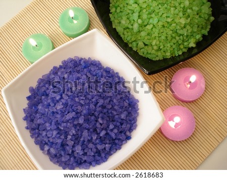 Spa essentials (violet and green salt with candles)