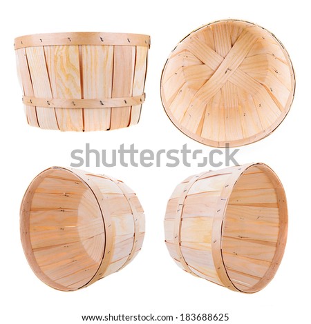 A classic produce bushel basket isolated on white.  Includes four different perspective angles.
