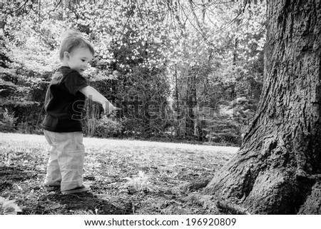 A young boy stands beside a tree in a park pointing to something on the ground. Processed in black and white