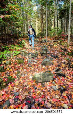 A woman with a toddler in a back carrier walks on a rocky trail in the woods during the autumn season.