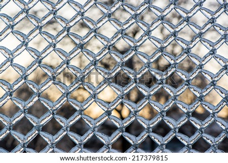 A close up shot of thick layer of ice covering a frozen metal chain link fence after an ice storm.  In the background the sun sets behind some trees.