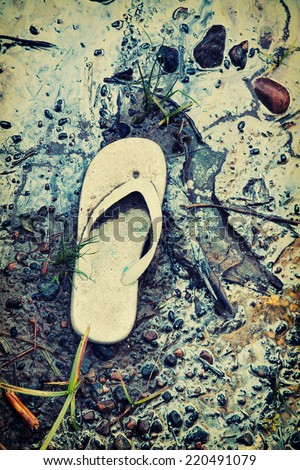 Shoreline contaminated with garbage and hazardous toxic chemical gasoline waste.  A discarded child sandal serves an iconic reminder of the human carbon footprint. Filtered for a retro, vintage look.