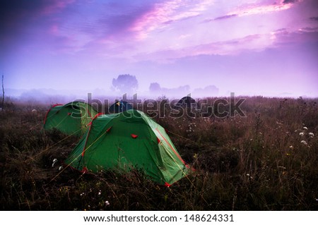 Tourist tent in forest camp among smog meadow on the background of the bright sky