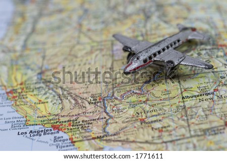 Toy Airplane on Map of California and Arizona.  Shallow depth of field from use of macro lens.
