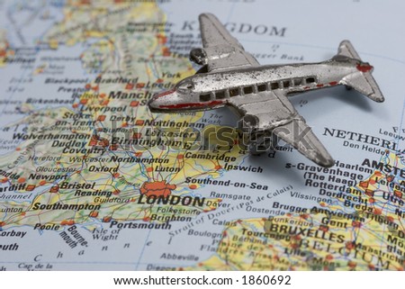 Toy Airplane on Map of England.  shallow depth of field from use of macro lens.