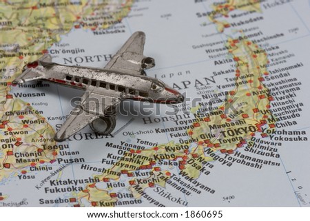 Toy Airplane on Map of Japan.  Shallow depth of field from use of macro lens.
