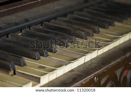 Close up view of old piano or organ keyboard.
