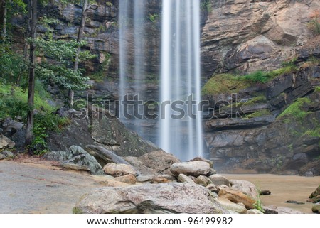 Base of a waterfall with a pool of water, boulders and trees in the foreground and a rock cliff behind the falls.  There is significant motion blur in the water.