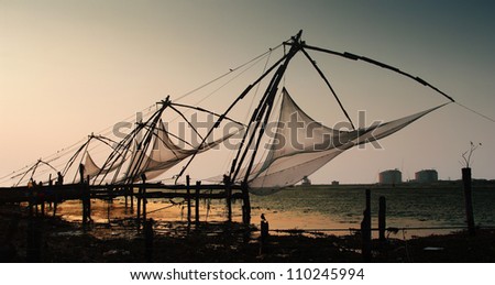 chinese nets in Kochi, India, before sunset