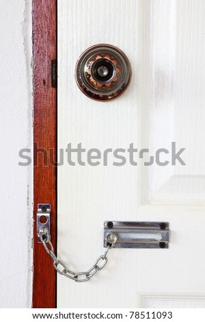 Door locked with chain and knob