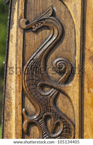 Wood Carving Of A Dragon On A Viking Boat Stock Photo 105134405 