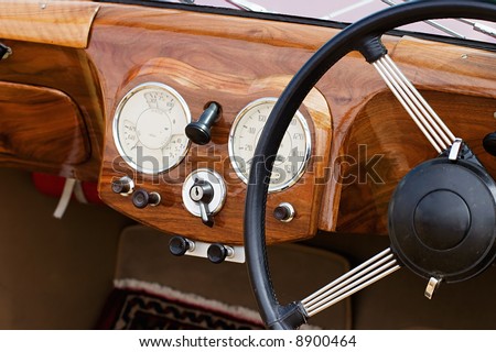 stock photo Wooden dashboard in a old car