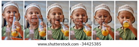 Sequence of little boy how he is drinking juice with straw even thought he spill