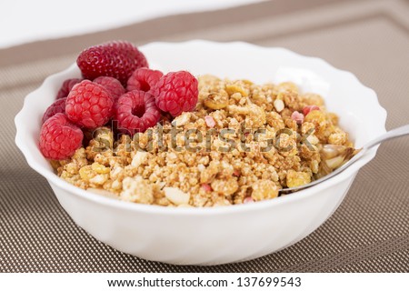 Zoomed golden cereals with berries with chromed spoon