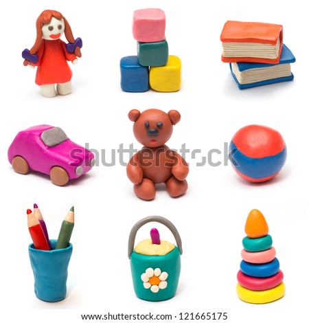 Set of children\'s toys molded from clay.