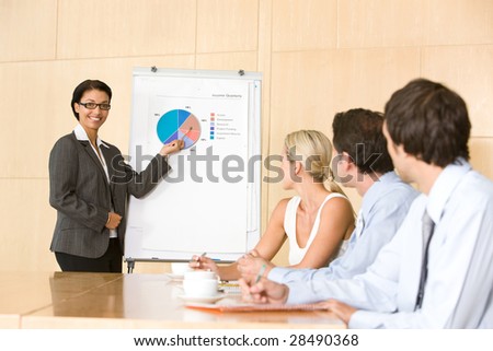 confident business woman giving presentation to colleauges