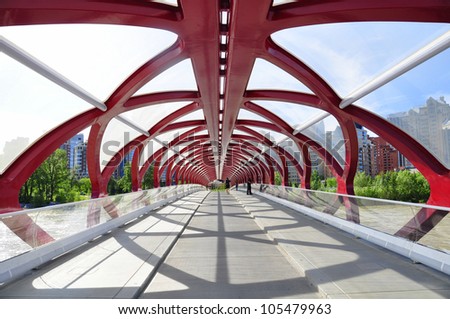 CALGARY, CANADA - JUNE 7: the Peace Bridge on June 7, 2012 in Calgary, Alberta Canada. The pedestrian bridge spans the Bow River and was designed by Santiago Calatrava.