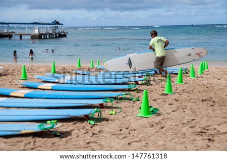 WAIKIKI, HI - JUNE 23 - Tourists learning to surf on Waikiki beach June 23, 2013 in Oahu. Waikiki beach is beachfront neighborhood of Honolulu, best known for white sand and surfing.