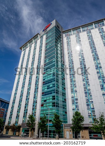 CALGARY, CANADA - JULY 2: SAIT Polytechnic school buildings on July 2, 2014 in Calgary, Alberta. SAIT is a technology and trade school and this image shows a student residence tower.