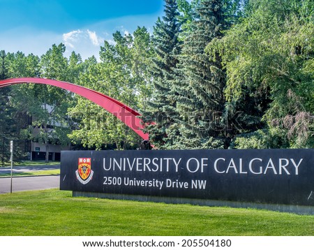 CALGARY, CANADA - JULY 13: The University of Calgary entrance sign and arch on July 13, 2014 in Calgary, Alberta Canada. The sign and arch are the main feature marking the entrance to campus.