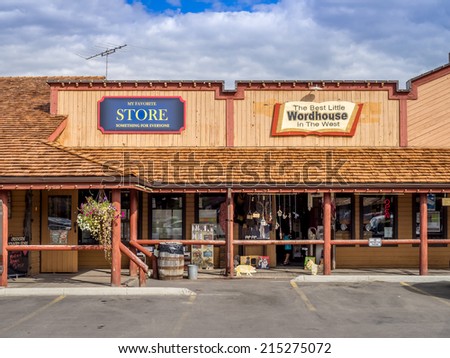 BRAGG CREEK, CANADA - SEPT 4: Facade of stores at the Old West Shopping Mall on September 4, 2014 in Bragg Creek, Alberta, Canada. The Old West Shopping Mall is a tourist attraction in Bragg Creek.