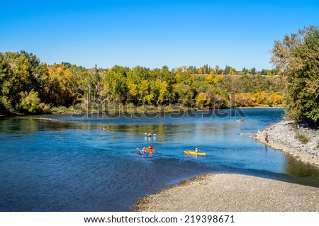 CALGARY, CANADA - SEPT 21:  Kayakers paddling on the Bow River on September 21, 2014 in Calgary Alberta. The Bow River runs through the heart of Calgary and is popular for outdoor enthusiasts.