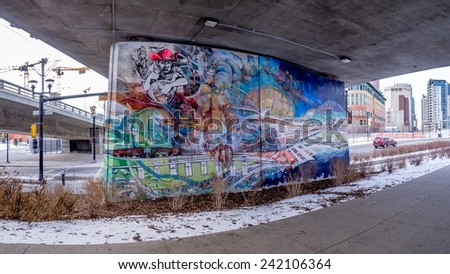 CALGARY, CANADA - JAN 1: Beautification efforts in the East Village on January 1, 2015 in Calgary, Alberta Canada. The East Village area is large new residential and commercial development in Calgary.