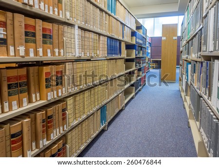 CALGARY, ALBERTA - MAR 7: The Law Library of the Faculty of Law at the University of Calgary om March 7, 2015 in Calgary, Alberta Canada.  This modern Law Library houses cases and statues of Canada.