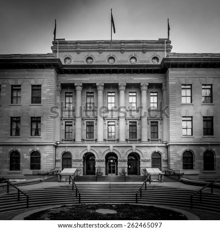 CALGARY, ALBERTA - MAR 15: The front facade of the McDougall School building on March 15, 2015 in Calgary, Alberta Canada. This old school building is now used as office space for the provincial govt.