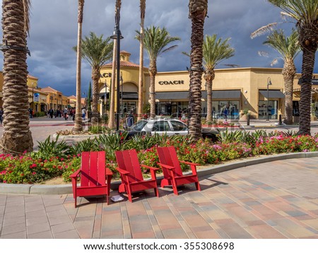 CABAZON, CA - NOV 2015: Desert Hills Premium Outlet Mall on November 15, 2015 in Cabazon California. Desert Hills Premium Outlet Mall is prime destination for tourists visiting Palm Springs.