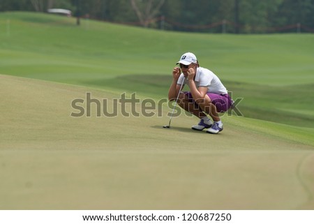 PATTAYA, THAILAND-FEBRUARY 17: Sophie Gustafson of Sweden thinks of her next move on day 2 of Honda LPGA 2012 on February 17, 2012 at Siam Country Club Old Course in Pattaya Thailand