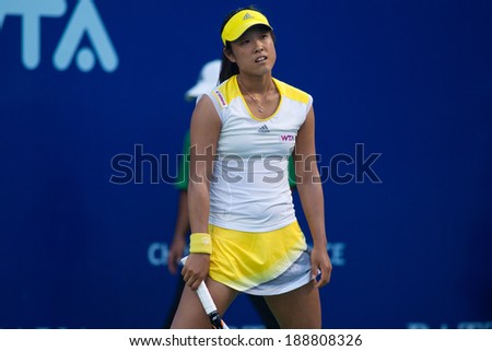 PATTAYA THAILAND - FEBRUARY 2: Ayumi Morita of Japan reacts after losing a point during 2nd round of PTT Pattaya Open 2013 on February 2, 2013 at Dusit Thani Hotel in Pattaya, Thailand