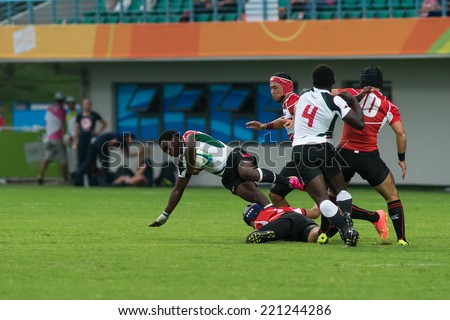 NANJING, CHINA-AUGUST 18: Kenya Rugby Team (white/green) plays against Japan Rugby Team (red/white) during Day 2 match of 2014 Youth Olympic Games on August 18, 2014 in Nanjing, China.