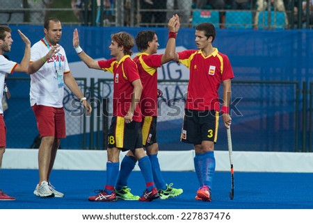 NANJING, CHINA-AUGUST 20: Spain Hockey Team celebrates the win over Australia Hockey Team during Day 4 match of 2014 Youth Olympic Games on August 20, 2014 in Nanjing, China. Spain wins 7-6.