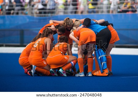 NANJING, CHINA-AUGUST 20: Holland Hockey Team (orange) during Day 4 match of 2014 Youth Olympic Games on August 20, 2014 in Nanjing, China.