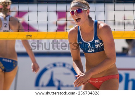 PHUKET, THAILAND-NOVEMBER 2: Jantine van der Vlist of Netherlands reacts after winning a point during Day 4 of Phuket Open on November 2, 2013 at Karon Beach in Phuket, Thailand